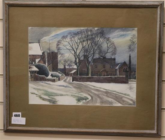 P.L. Stark, ink and watercolour, Winter scene, signed and dated 47, 28 x 38cm.